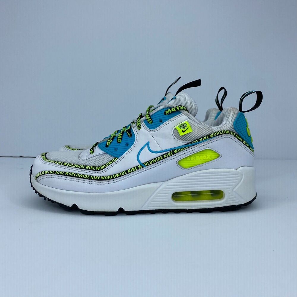SAMPLE Nike Air Max 90 sneakers CV7665-100 White Blue Fury Volt Shoes Size 3.5Y